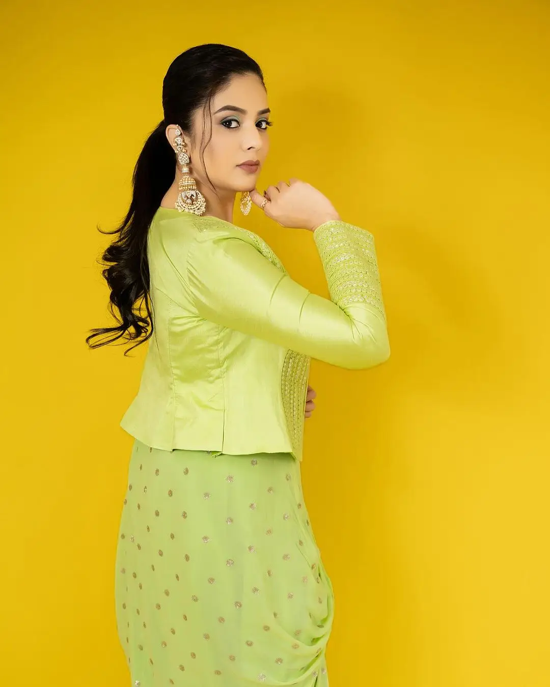 Gemini TV Actress Sreemukhi in Green Lehenga Choli